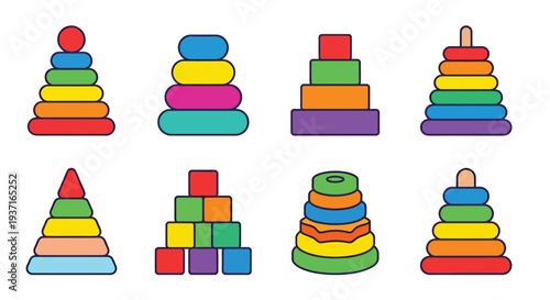 Colorful stacking toys arranged in various formations on a white background
