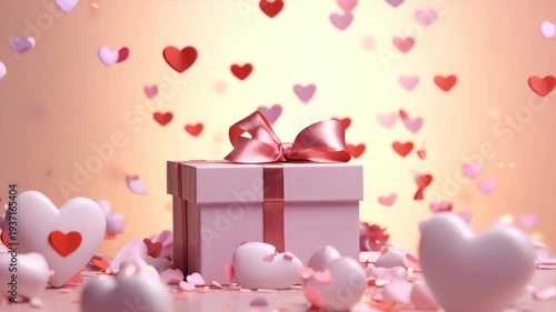 Pink gift box sits center stage. Soft hearts float around with gentle grace. Shimmering confetti adds magical texture. Warm light bathes scene in cozy glow. Romantic, festive, and dreamy atmosphere