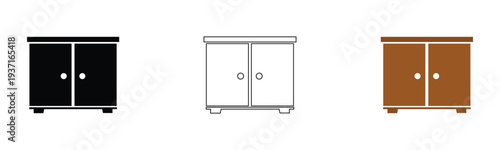 Cabinet Cupboard Vector Icons Set | Black Outline Brown Furniture Cabinet Illustrations