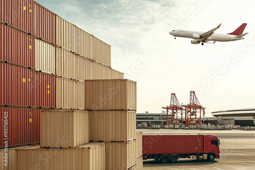 Container port and cargo plane above the terminal, logistics concept