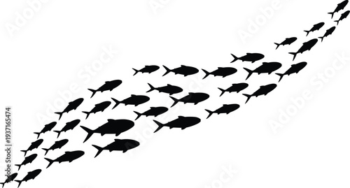Silhouette school of fish swimming together in curved diagonal motion, aquatic marine life vector illustration symbolizing unity, collective behavior, and natural harmony design