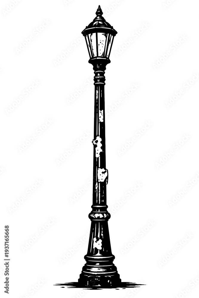 Fototapeta premium Vintage black street lamp illustration on white background with distressed texture and ornate details
