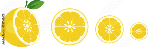 Lemon Icon Set Featuring Whole Lemon with Leaf and Lemon Slice Cross Sections for Fresh Citrus Design, Healthy Food Illustration and Juice Graphics