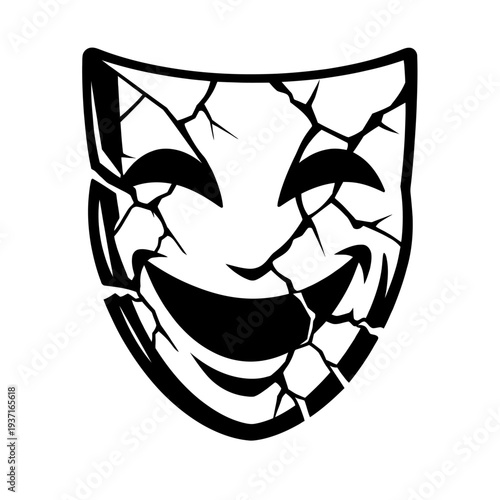 Cracked comedy mask with broken face and cracked surface illustration on white background