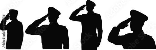 Silhouette soldiers saluting in uniform, black vector illustration symbolizing respect, honor, discipline, military service, patriotism, armed forces tribute, and ceremonial design artwork