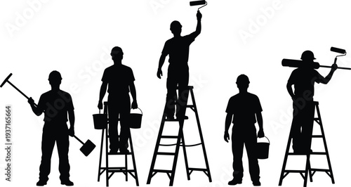 Silhouette workers painting and maintaining with ladders, rollers, buckets, and tools, black vector illustration symbolizing construction, repair, teamwork, labor service, and occupational design artw
