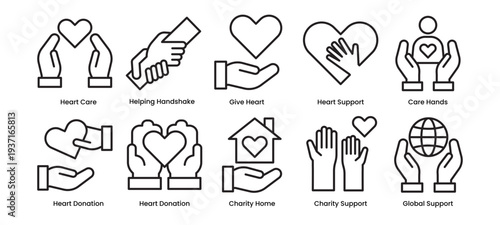 Colletion of Bundle Charity Support and Donation Line Icons Volunteer Community Care Set