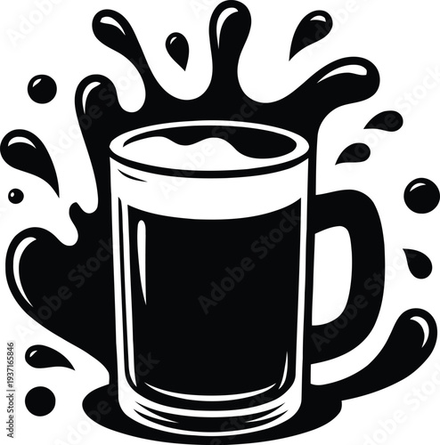 Black and white vector illustration of a beer mug with a dynamic liquid splash effect for design and web.