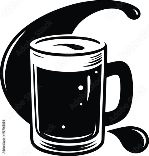 Black and white vintage style illustration of a full beer mug with a liquid splash background for brewery art.