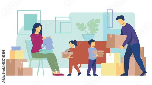 Family packing belongings in cardboard boxes, moving to a new house