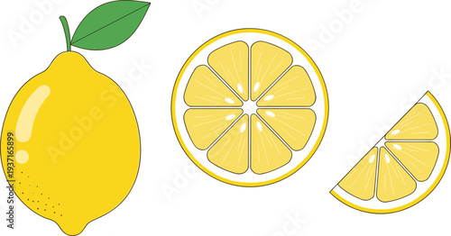 Lemon Icon Set Featuring Whole Lemon with Leaf, Lemon Slice Cross Section and Lemon Wedge for Fresh Citrus Design and Healthy Food Illustration