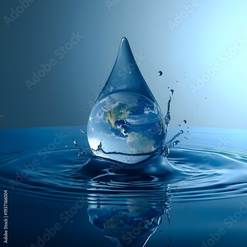 A large water drop with the earth inside, creating ripples on a blue surface with a gradient background