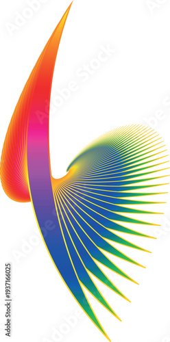 Abstract twisted ribbon-like structure with vivid rainbow gradient colors creating motion and depth in symmetrical design