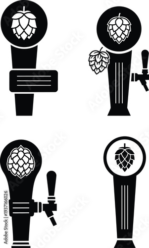 Craft beer tap handle icon set with hop cone symbols for pub and brewery equipment professional silhouette vector.