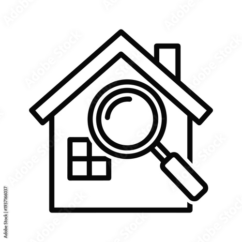 Magnifying glass inspecting a stylized house illustration for property search or evaluation