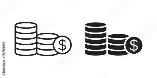 Coins icon with editable stroke and solid design vectors