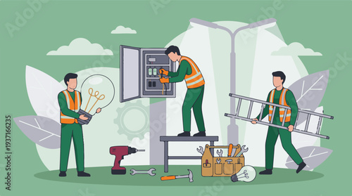 Electricians installing and repairing electrical systems with tools and equipment