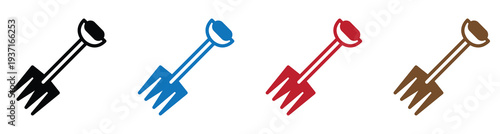 Set of four colorful garden hand tools spades isolated on white background for gardening and planting