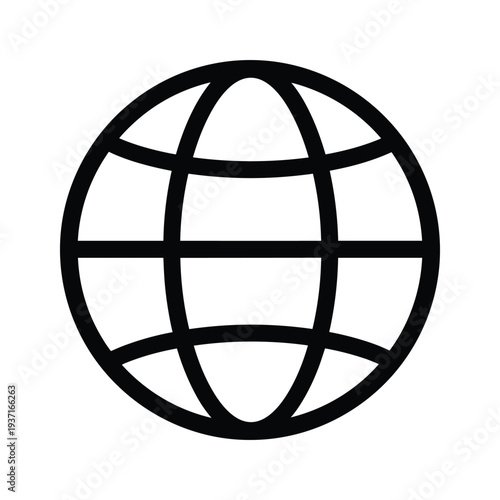 A stylized black and white globe with grid lines representing longitude and latitude.