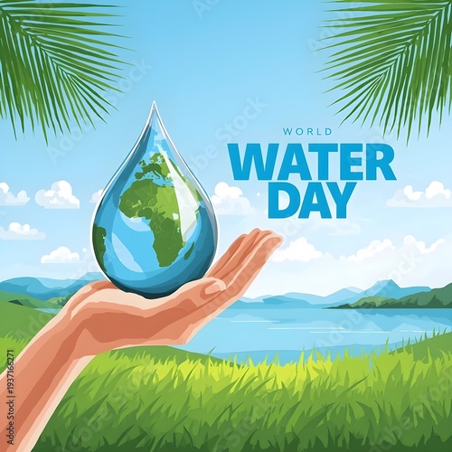 World water day illustration with hand holding earth globe in water drop on green grass with palm leaves and blue sky background