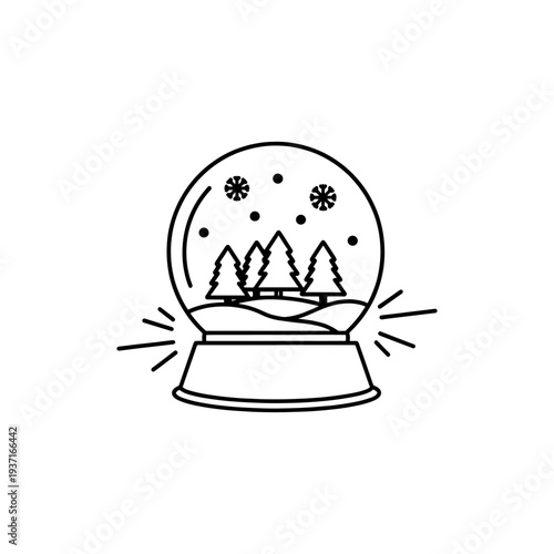 A minimalist line art illustration depicts a snow globe with trees inside a striking silhouette