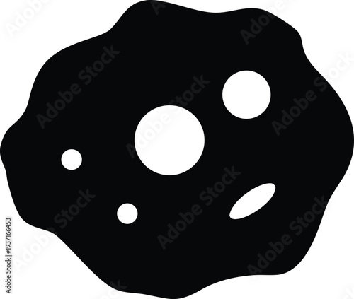 Black silhouette of an irregular shaped asteroid with craters and holes, isolated on white.