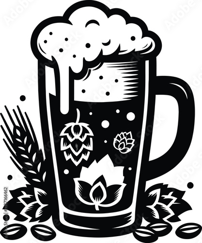 Craft beer mug illustration with hops and barley grains for brewery logo or bar menu in vintage woodcut style.
