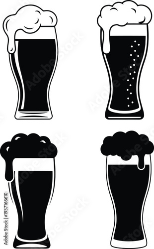 Set of beer glass silhouettes with overflowing foam and bubbles for pub and bar restaurant beverage menu design.