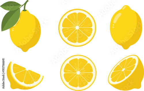 Lemon Icon Set Featuring Whole Lemon, Lemon Slices, Lemon Wedge and Citrus Cross Section for Fresh Juice Design and Healthy Food Illustration