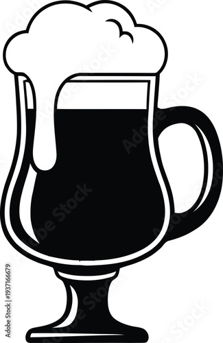Black and white vector illustration of a cold dark stout beer mug with thick frothy foam for pub menu design.