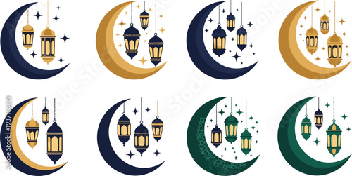 Islamic Ramadan Kareem Crescent Moon with Hanging Lanterns Collection for Eid Mubarak Celebration Night Sky Decorative Vector Illustration Set