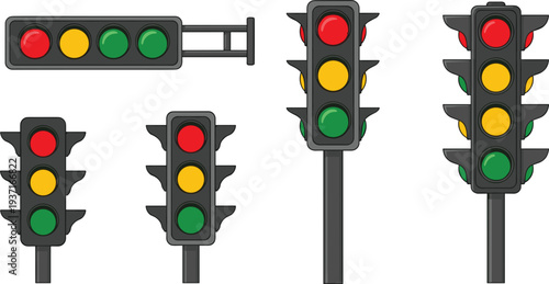 Traffic Light Vector Set Featuring Red Yellow and Green Signal Lamps in Vertical and Horizontal Designs for Road Safety and Transport.