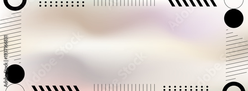 Playful graphic vector frame in the Memphis style, featuring black geometric shapes and patterns dots, lines, circles over a soft, blurred pastel color field.