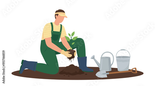 Gardener planting a small plant in soil with watering can and spade