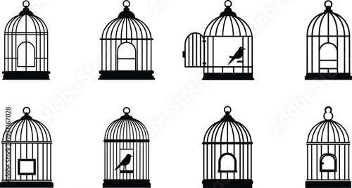 Vintage Bird Cage Collection Decorative Metal Birdcages with Perches Flat Vector Illustration Set