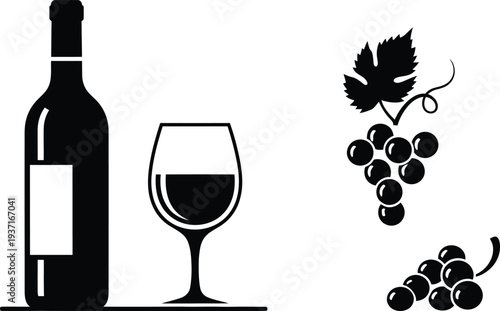Minimalist black silhouettes of wine bottle glass and bunches of grapes for winery branding and menu design.