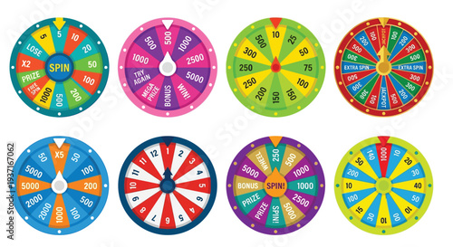 Colorful wheel spin games with various prize amounts and bonus opportunities