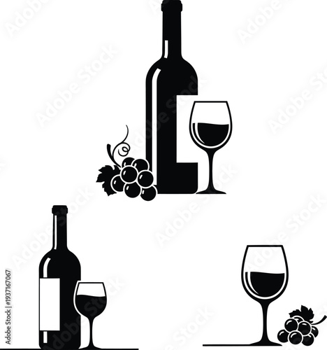 Elegant black wine bottle silhouette with glass and grape bunches icons for restaurant bar menu and winery logo.