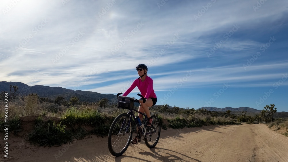 Naklejka premium Woman rides a bike along a dirt path in Joshua Tree National Park under a blue sky with scattered clouds in California