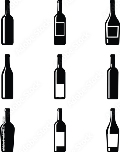Collection of various wine bottle silhouettes icons set isolated on white background for beverage industry graphics.