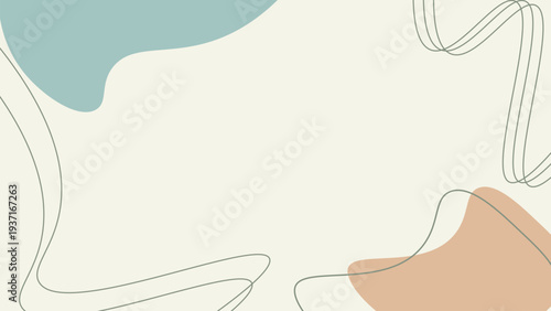 Abstract minimalist background with organic blue‑green peach beige shapes, flowing thin lines, and elegant decorative geometric layout