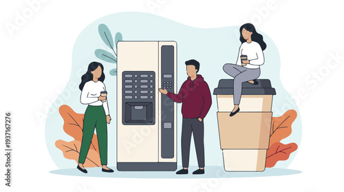 Friends enjoying a coffee break with an automatic vending machine
