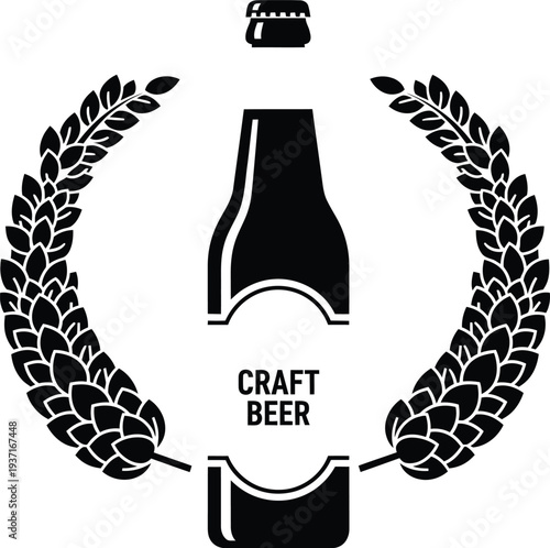 Craft beer bottle logo icon with wheat wreath frame isolated on white background for brewery and bar promotion.