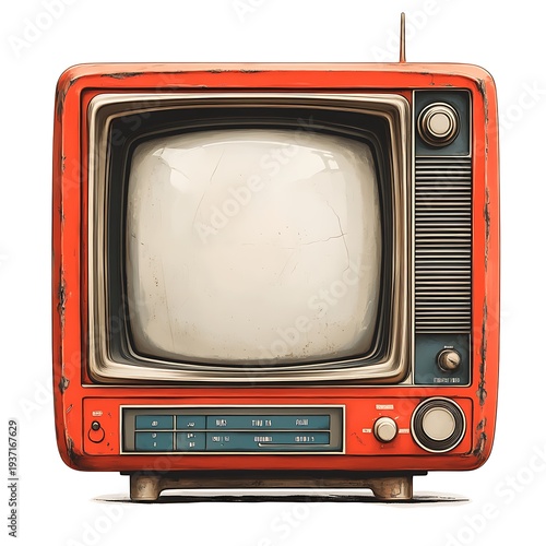 Vintage orange television with blank screen and antenna on photo white background vintage television