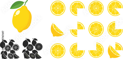 Lemon Icon Set Featuring Whole Lemon, Lemon Slices, Lemon Wedges and Citrus Cross Sections with Leaf for Fresh Juice and Healthy Food Design