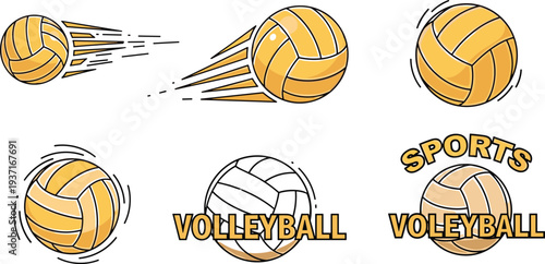 Volleyball Sports Logo and Icon Set Featuring Yellow Balls in Motion with Speed Lines and Typography for Team Branding Vector Art.