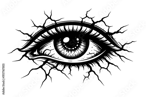 Cracked eye illustration with detailed iris and eyelashes on a white background, symbolizing insight and perception