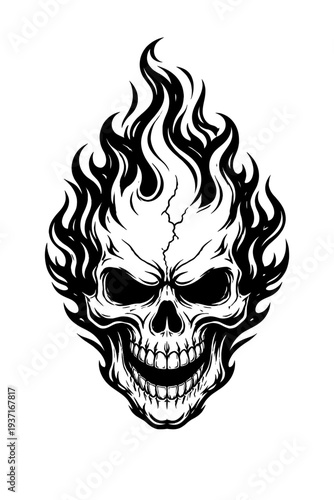 Fiery skull illustration with flames and menacing expression, symbolizing intensity and danger, perfect for edgy designs