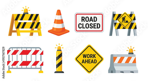 Construction zone icons depicting road closures barriers and warning signals