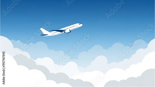Airplane soaring through clouds in clear blue sky from aerial viewpoint